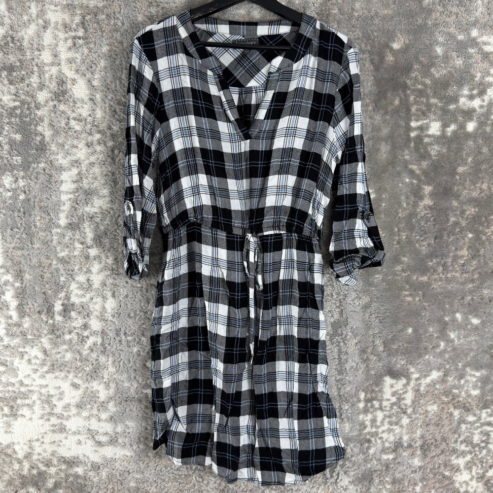 Luxology Size 8 Plaid V-Neck Roll Tab Sleeve Casual Shift Dress Black 3/4 Sleeve